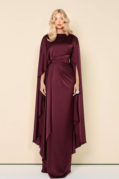 Boat Neck Pleated Satin Maxi Dress