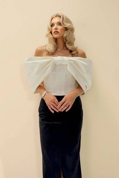 Bow Top And Velvet Skirt Set