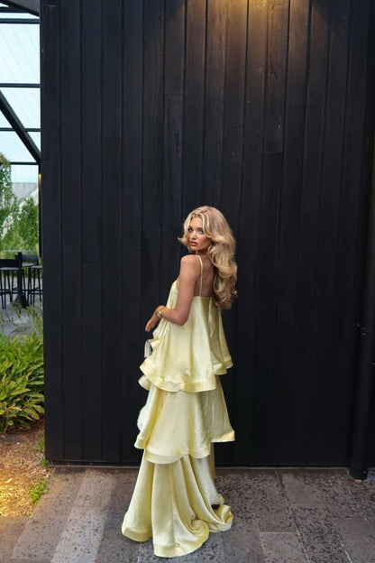 Elegant Three-layer Ruffle Sling Maxi Dress