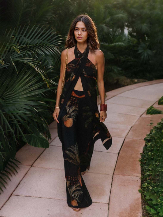 Exquisite Open Back Paulownia Palm Print Satin Two Piece Suit