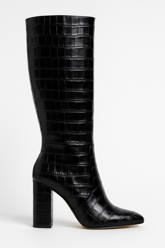 Atelier Croc-Embossed Knee-High Boots | Pointed Toe | Block Heel