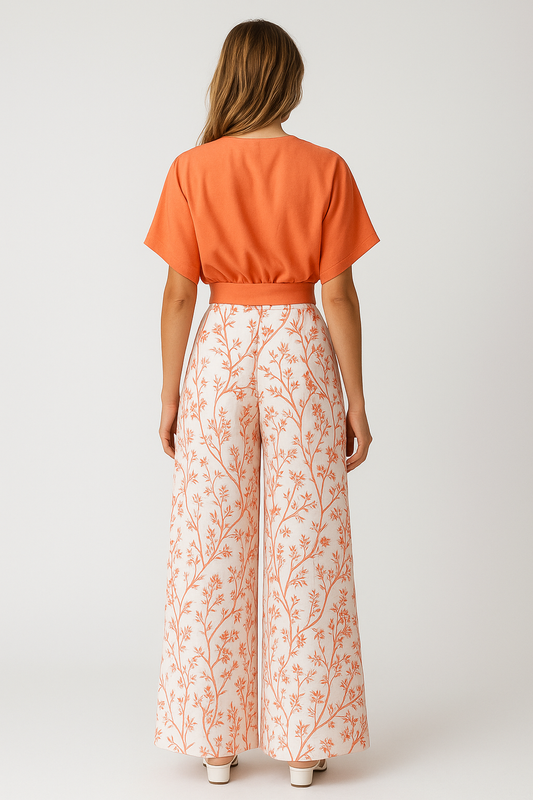 Cropped V-neck Top and Wide Leg Printed Trousers Set | High Waist
