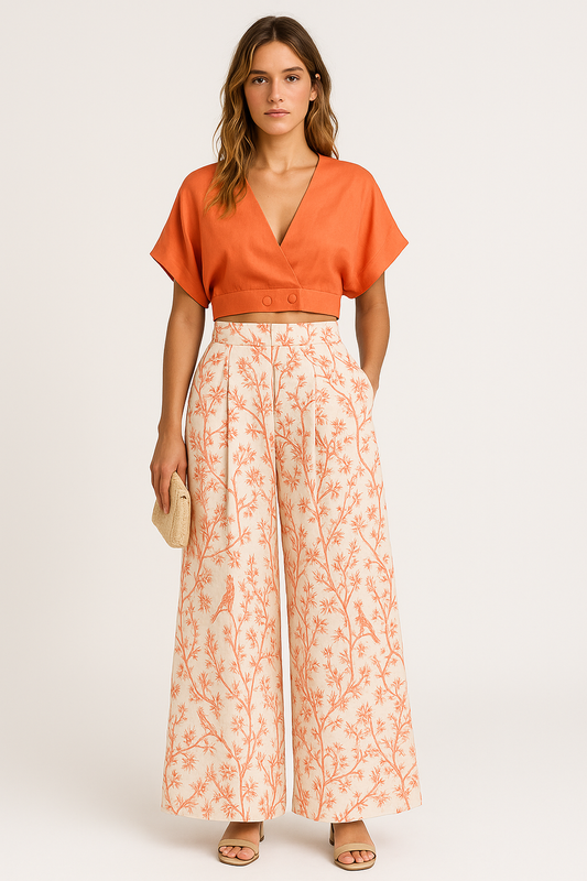 Cropped V-neck Top and Wide Leg Printed Trousers Set | High Waist