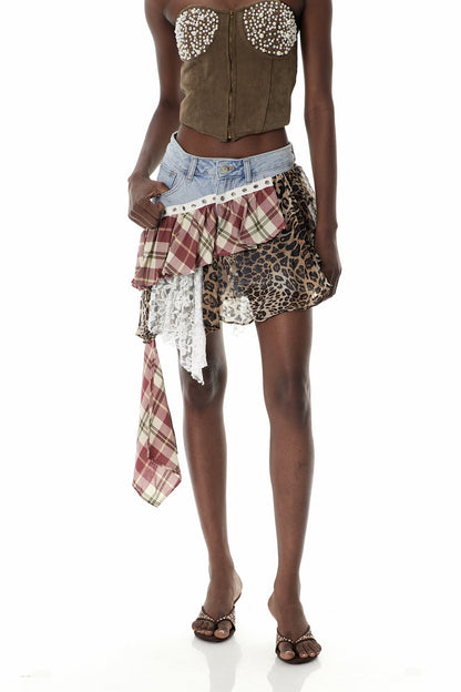 Cruella Patchwork Leopard Lace Mini Skirt