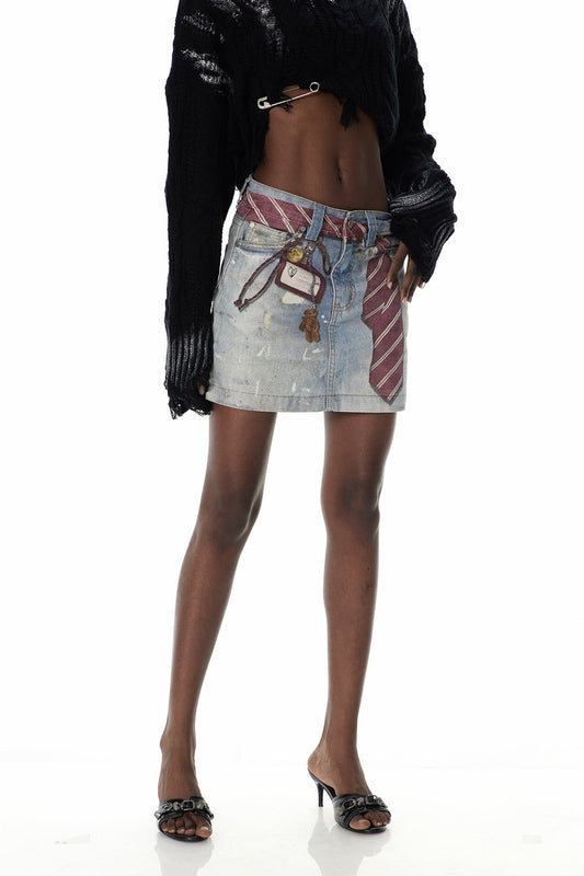 Cumhur Print Denim Mini Skirt