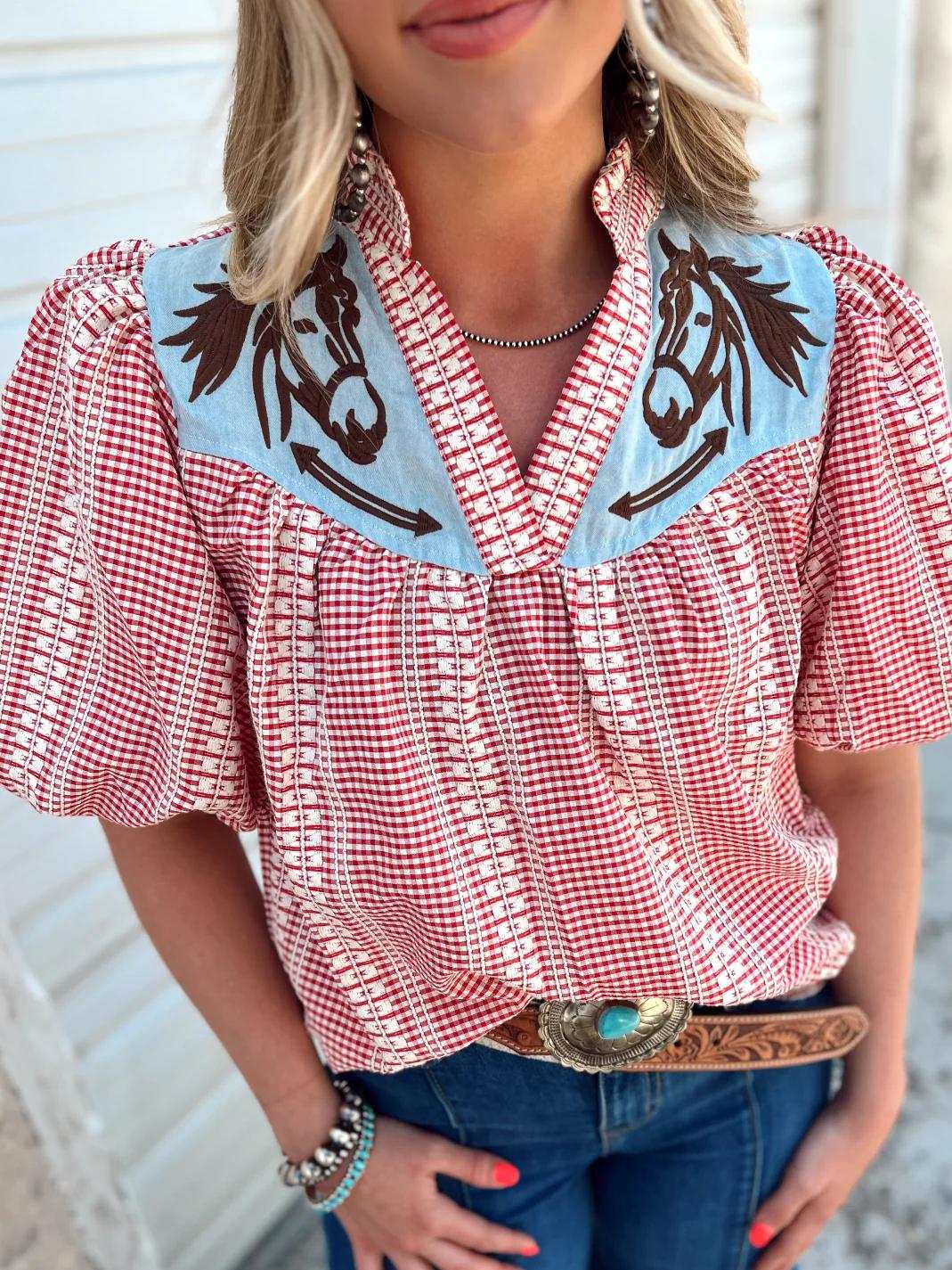 Prairie Horse Gingham Puff Sleeve Blouse
