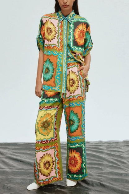 Unique Sunflower Print Wide Leg Pants-Set