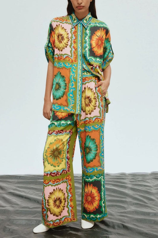 Unique Sunflower Print Wide Leg Pants-Set