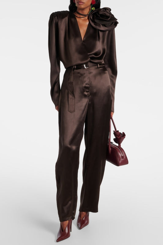 Daiki Satin Belted Straight Pants