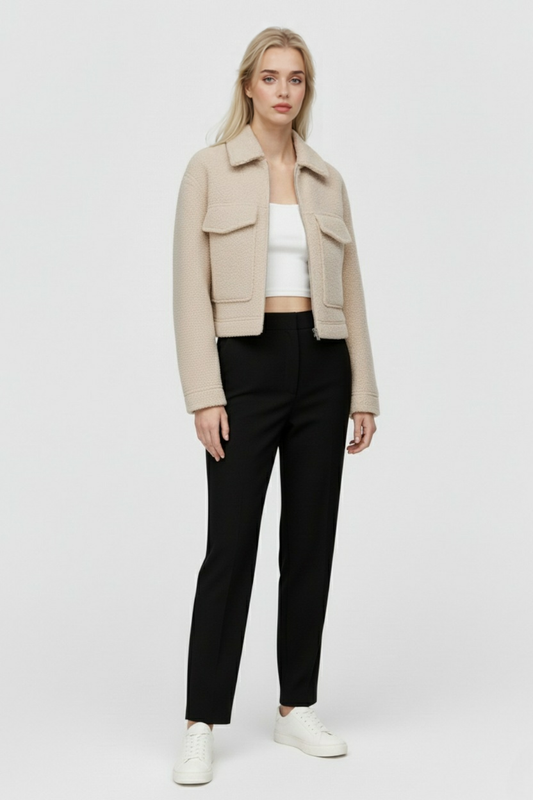 Textured Zip Jacket | Cropped Fit, Collar, Pocket Detail