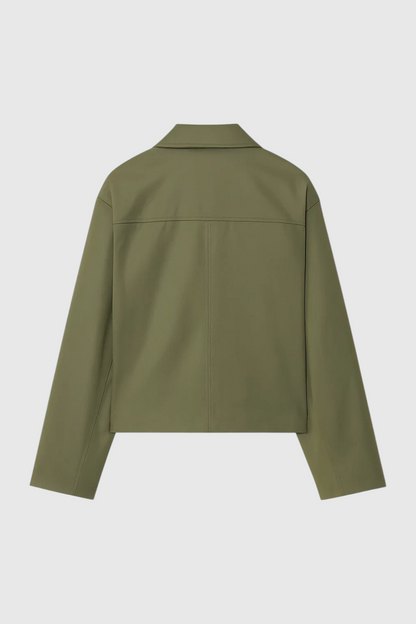 Cropped Zip Front Jacket | Smooth Polyester | Point Collar | Relaxed Fit