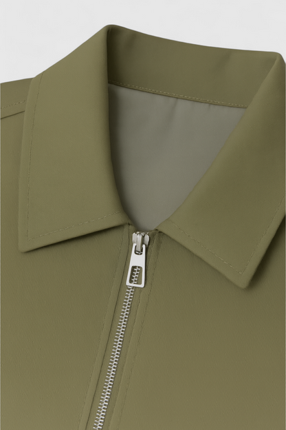 Cropped Zip Front Jacket | Smooth Polyester | Point Collar | Relaxed Fit