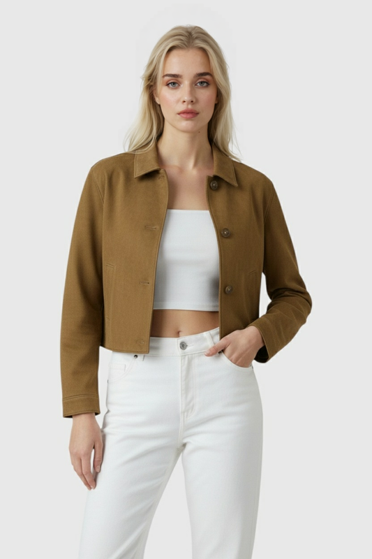 Suede-Effect Cropped Jacket | Button Front, Point Collar