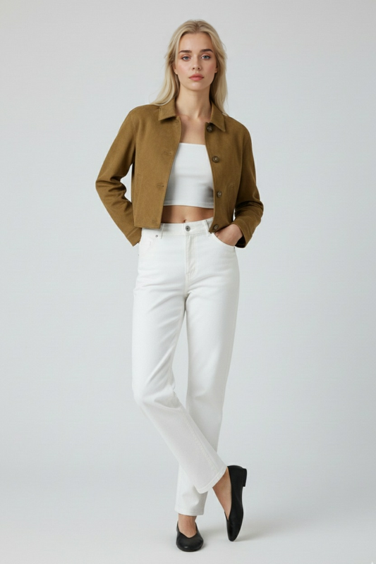 Suede-Effect Cropped Jacket | Button Front, Point Collar
