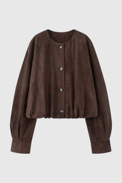 Round Neck PU Jacket | Cropped Shape | Button Front | Relaxed Fit