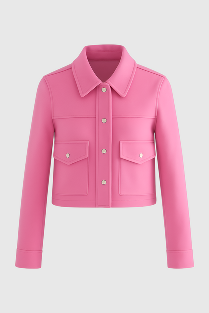 Cropped Button Jacket | Square Collar, Pocket Detail, Long Sleeve