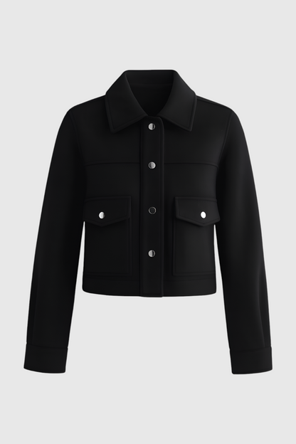 Cropped Button Jacket | Square Collar, Pocket Detail, Long Sleeve