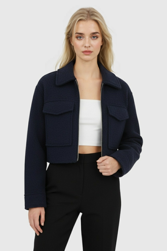 Textured Zip Jacket | Collared, Cropped Fit, Pocket Detail