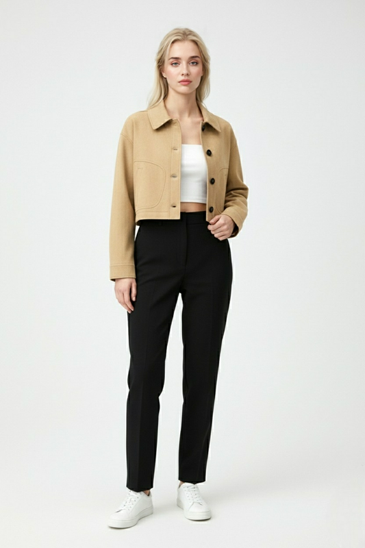 Cropped Suede-Effect Jacket | Button Front | Turn-Down Collar