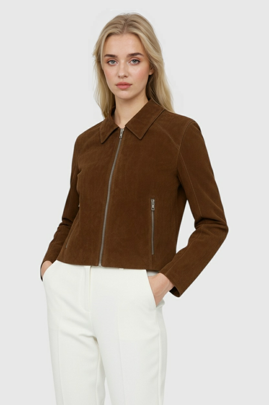 Suede-Effect Zip Jacket | Cropped Fit, Point Collar, Zip Pockets