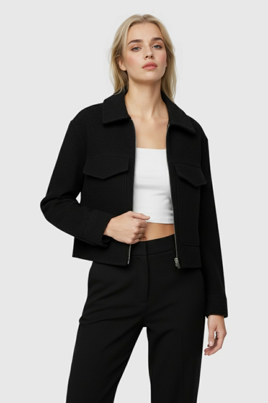 Textured Zip Jacket | Collared, Cropped Fit, Pocket Detail