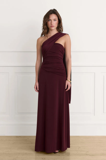 Dark Burgundy Draped Asymmetric Maxi Dress