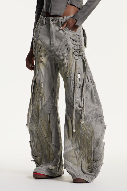 Daryl Deconstruct Print Barrel Jeans In Grey