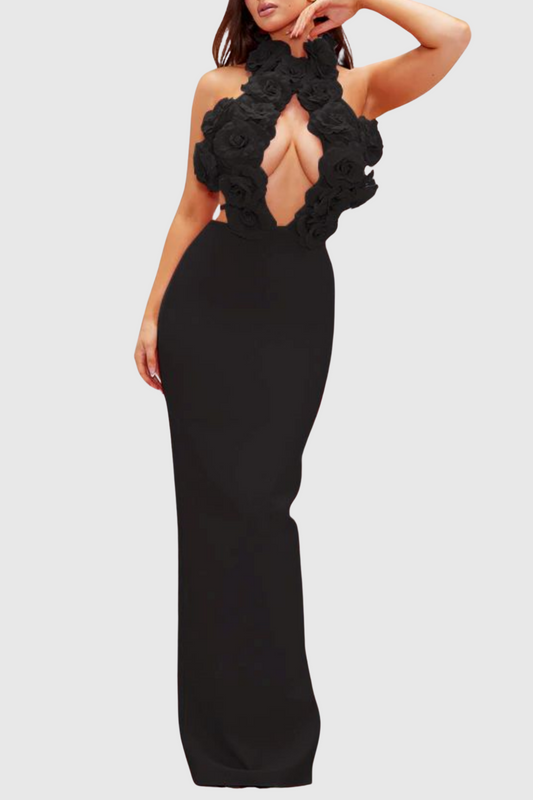 Datherine Floral Appliqué Halter Maxi Bandage Dress - Black