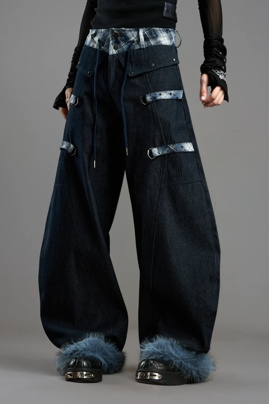 Deryck Deconstruct Print Faux Fur Jeans In Blue