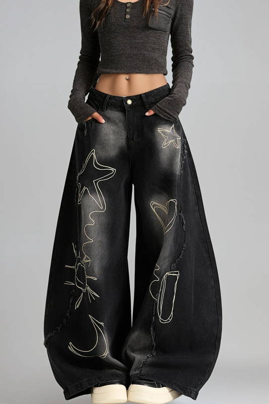 Dikeledi Print Fringe Jeans In Black