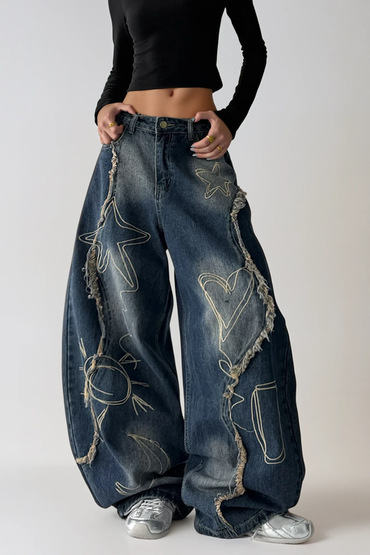 Dikeledi Print Fringe Jeans In Blue