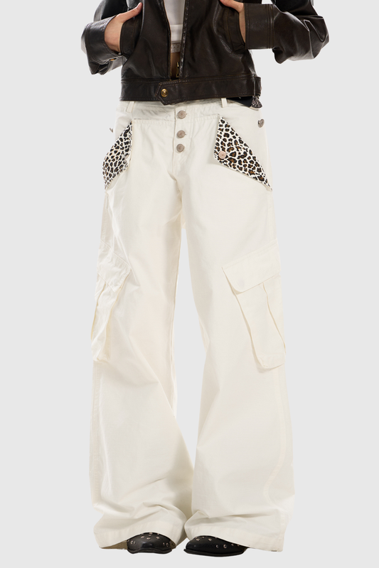 Diocletian Deconstruct Leopard Cargo Jeans In White