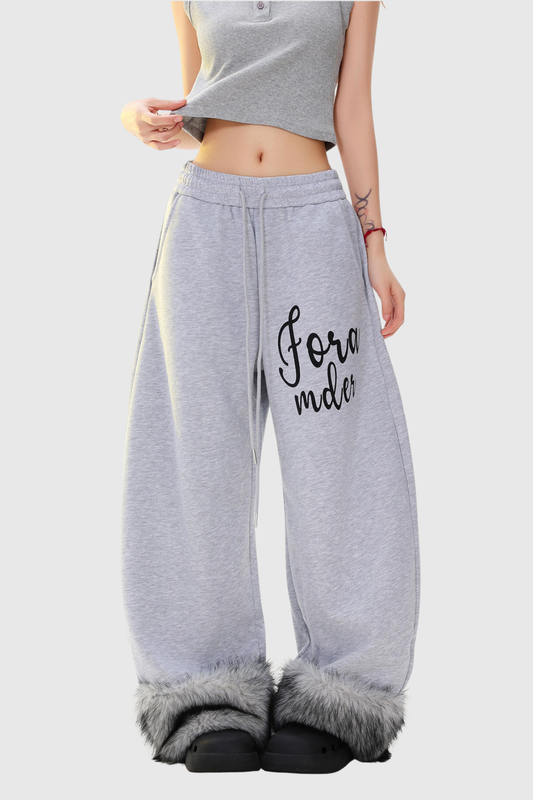 Dobrawa Print Faux Fur Barrel Pants In Grey