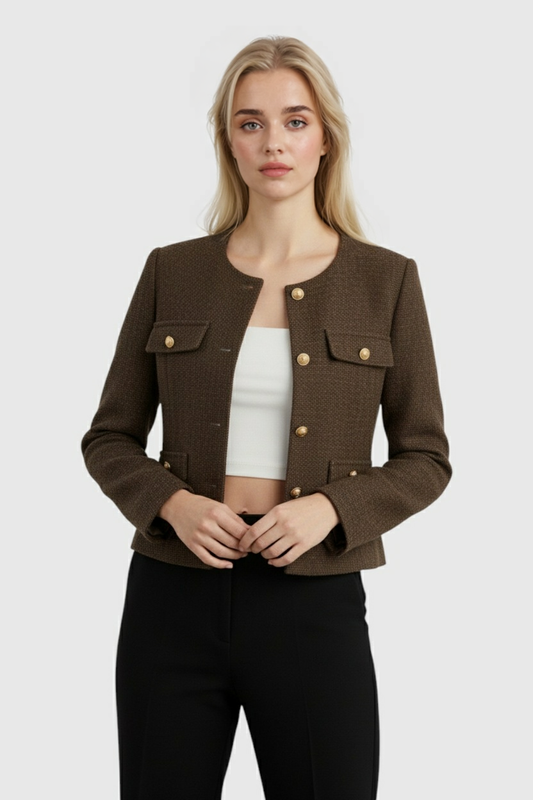Cropped Button Jacket | Round Neck, Pocket Flaps, Regular Fit