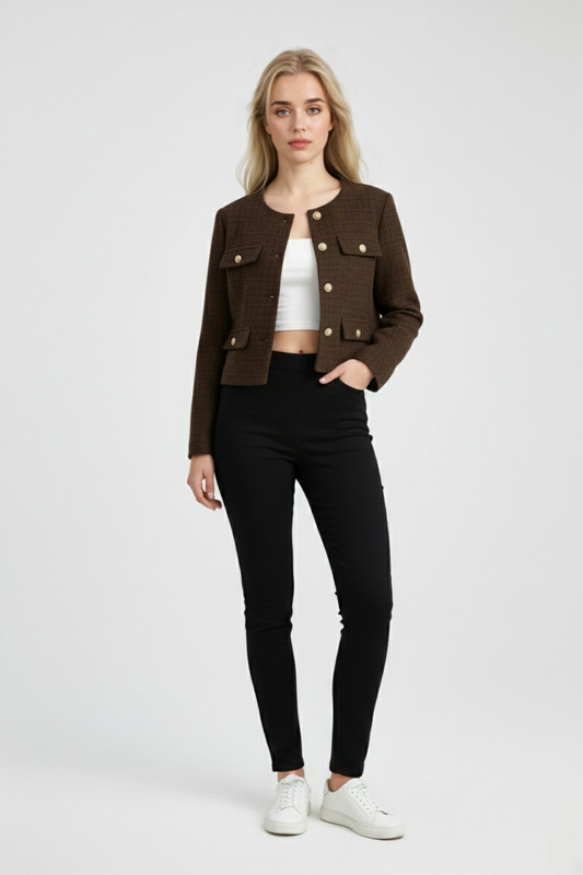Cropped Button Jacket | Round Neck, Pocket Flaps, Regular Fit