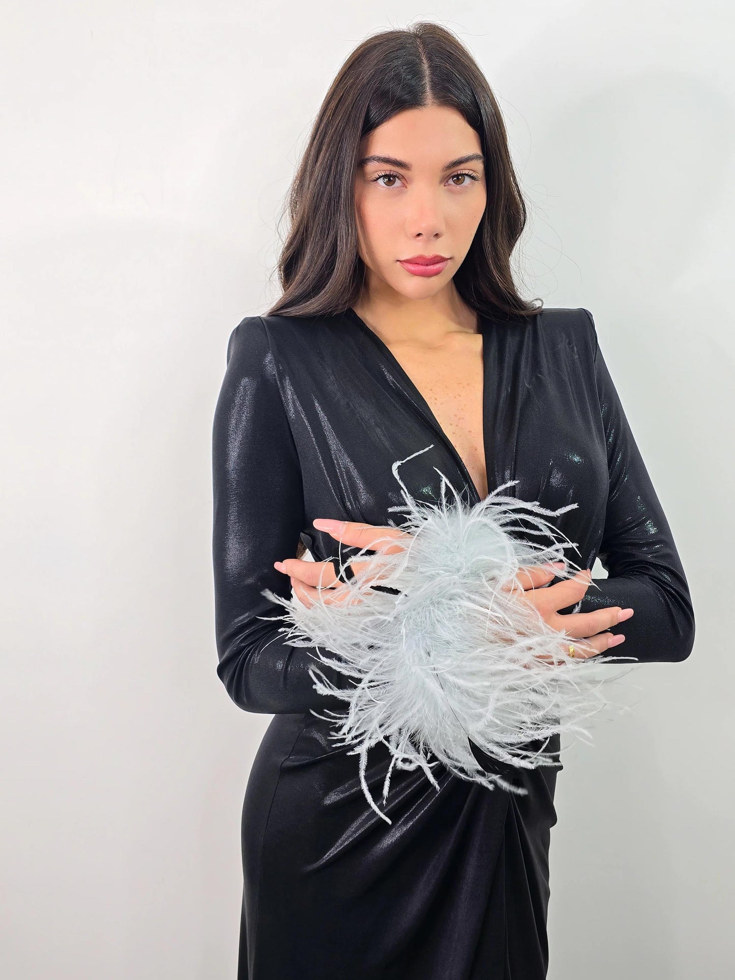 Shiny Feather Cuffs Side Slit Maxi Dress