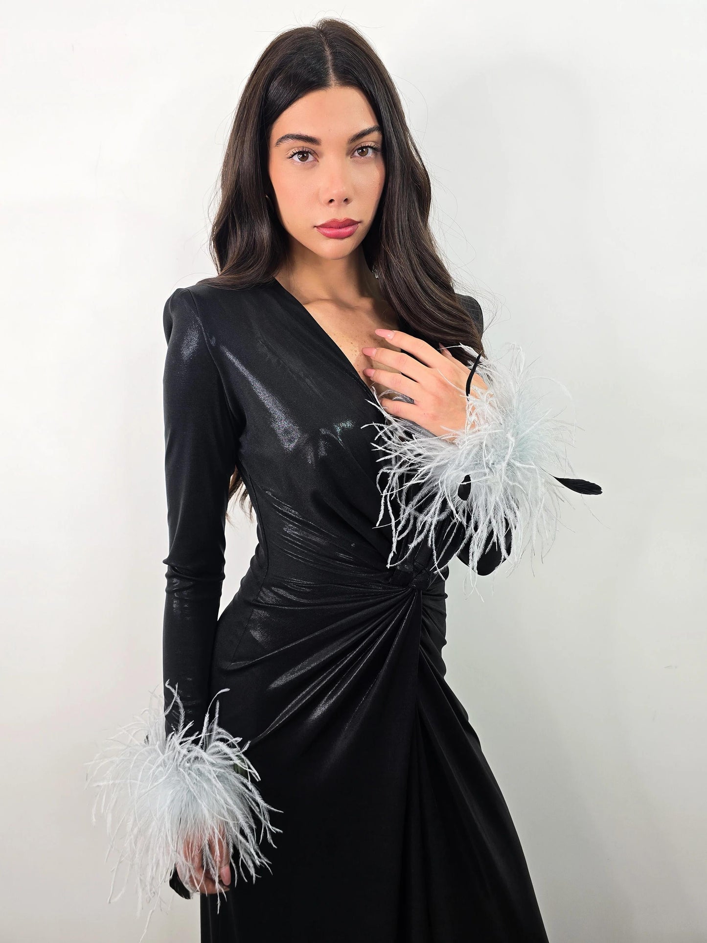 Shiny Feather Cuffs Side Slit Maxi Dress