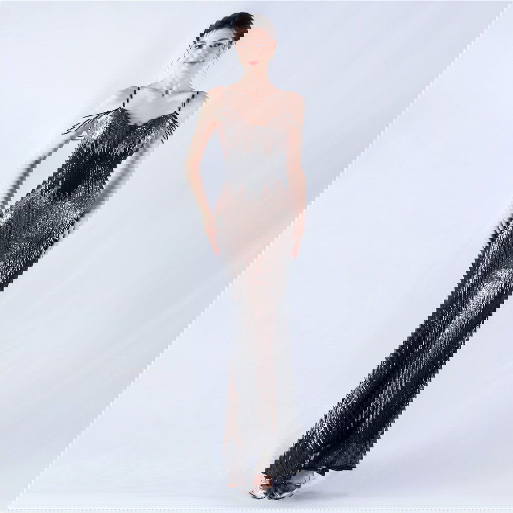 Dress Positioning Floral Sequin Craft Beaded Strap Evening Dress