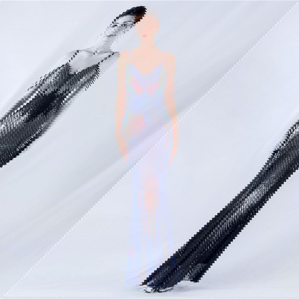 Dress Positioning Floral Sequin Craft Beaded Strap Evening Dress