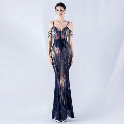 Dress Positioning Floral Sequin Craft Beaded Strap Evening Dress