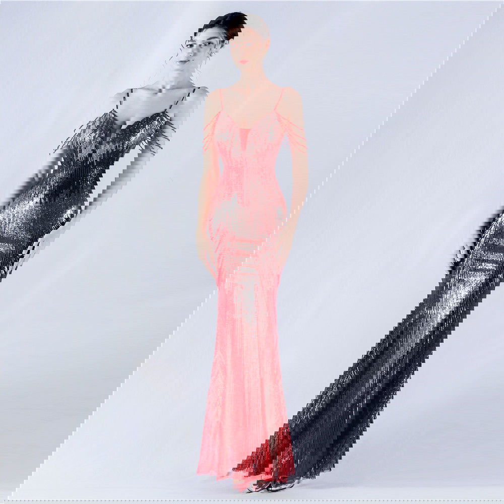 Dress Positioning Floral Sequin Craft Beaded Strap Evening Dress