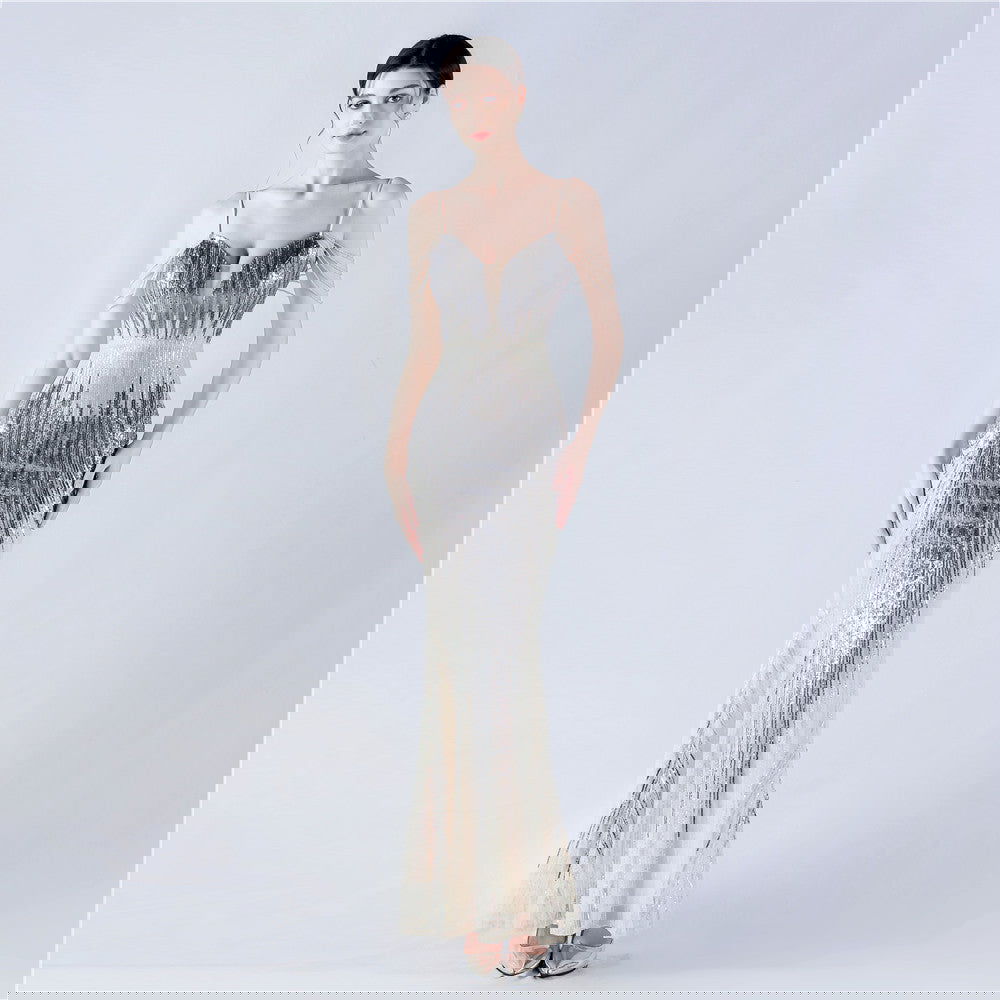 Dress Positioning Floral Sequin Craft Beaded Strap Evening Dress