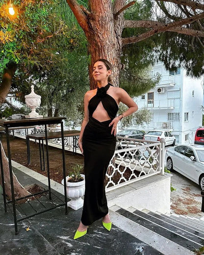 Dress Floral Stitched Backless Halter Strap Hip