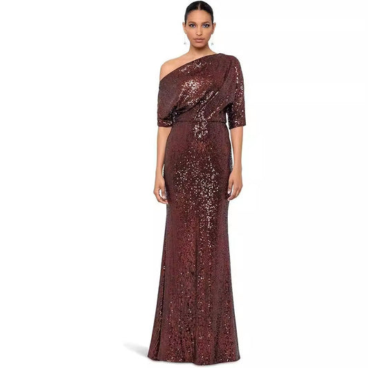 Dress Sequin Oblique Shoulder Dinner Dress