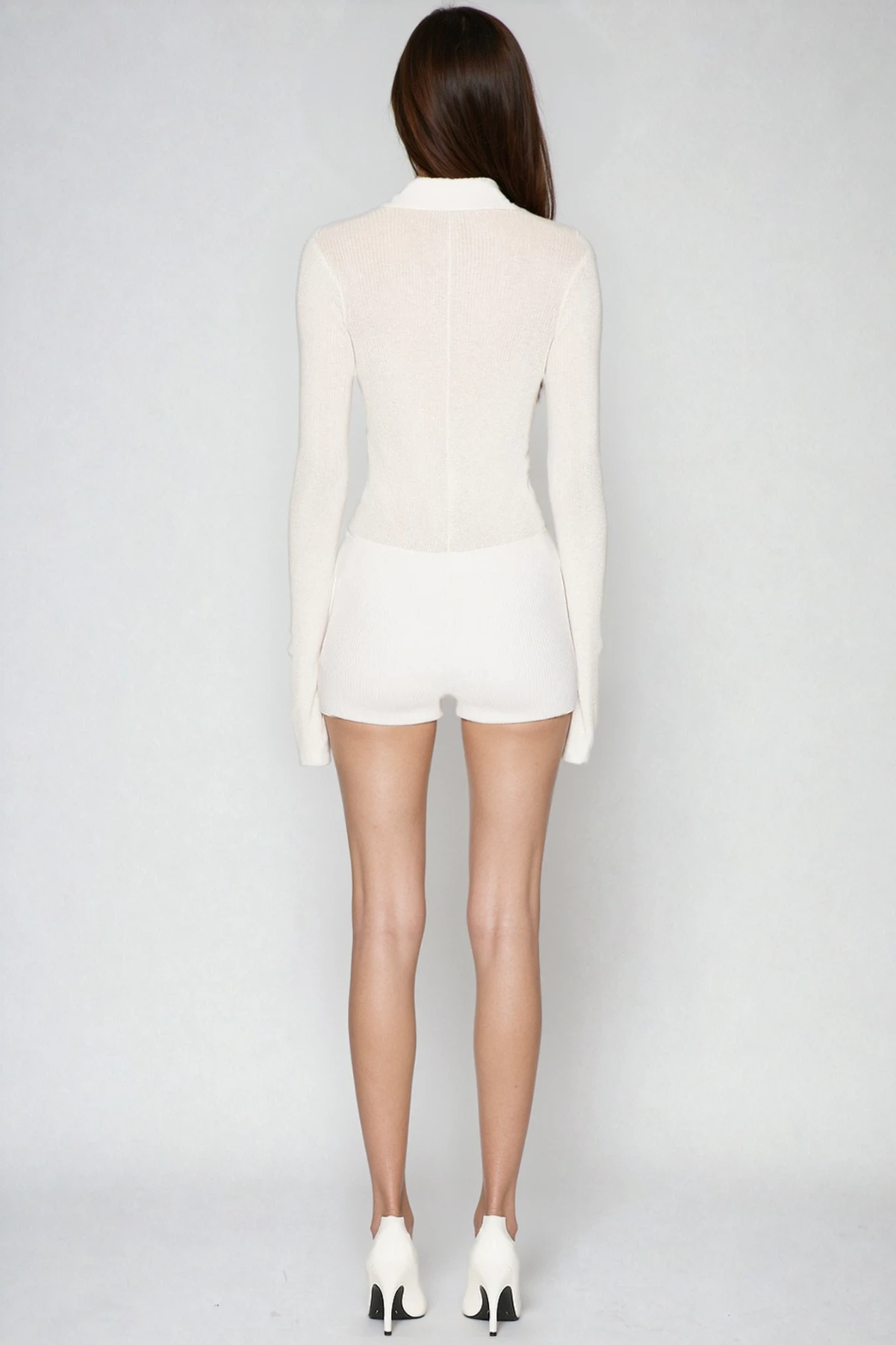 Duru Plunge Long Sleeve Playsuit In White