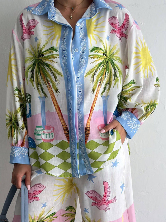 Unique Seaside Palm Tree Print Loose Button-Down Oversized Shirt