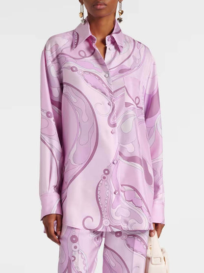 Exquisite Orchid Print Satin Twill Button Shirt & Straight-Leg Pants Set