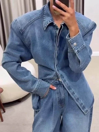 Fashionable High-Waist Pocket Wide-Leg Jeans