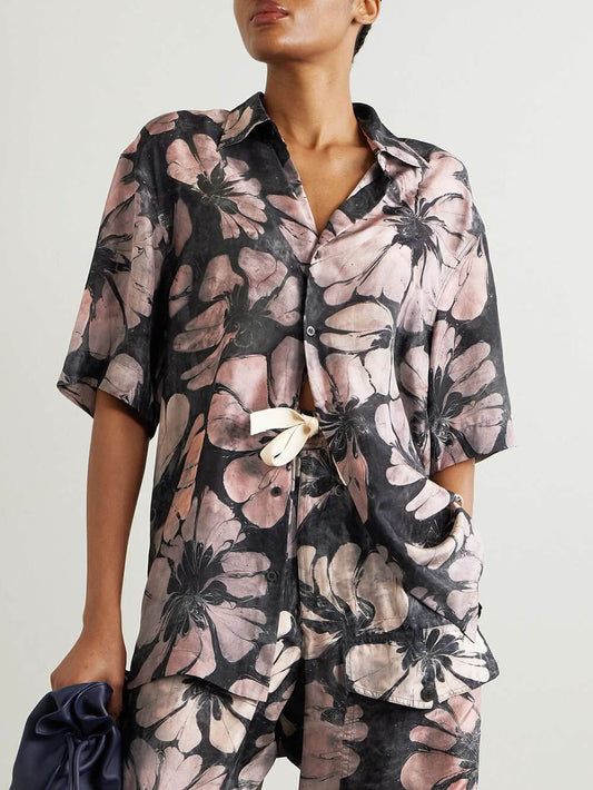 Unique Floral Print Satin Button-Down Loose-Fitting Shirt