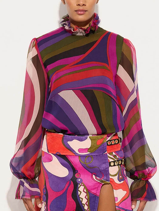 Unique Rainbow Print Lantern Sleeve Blouse